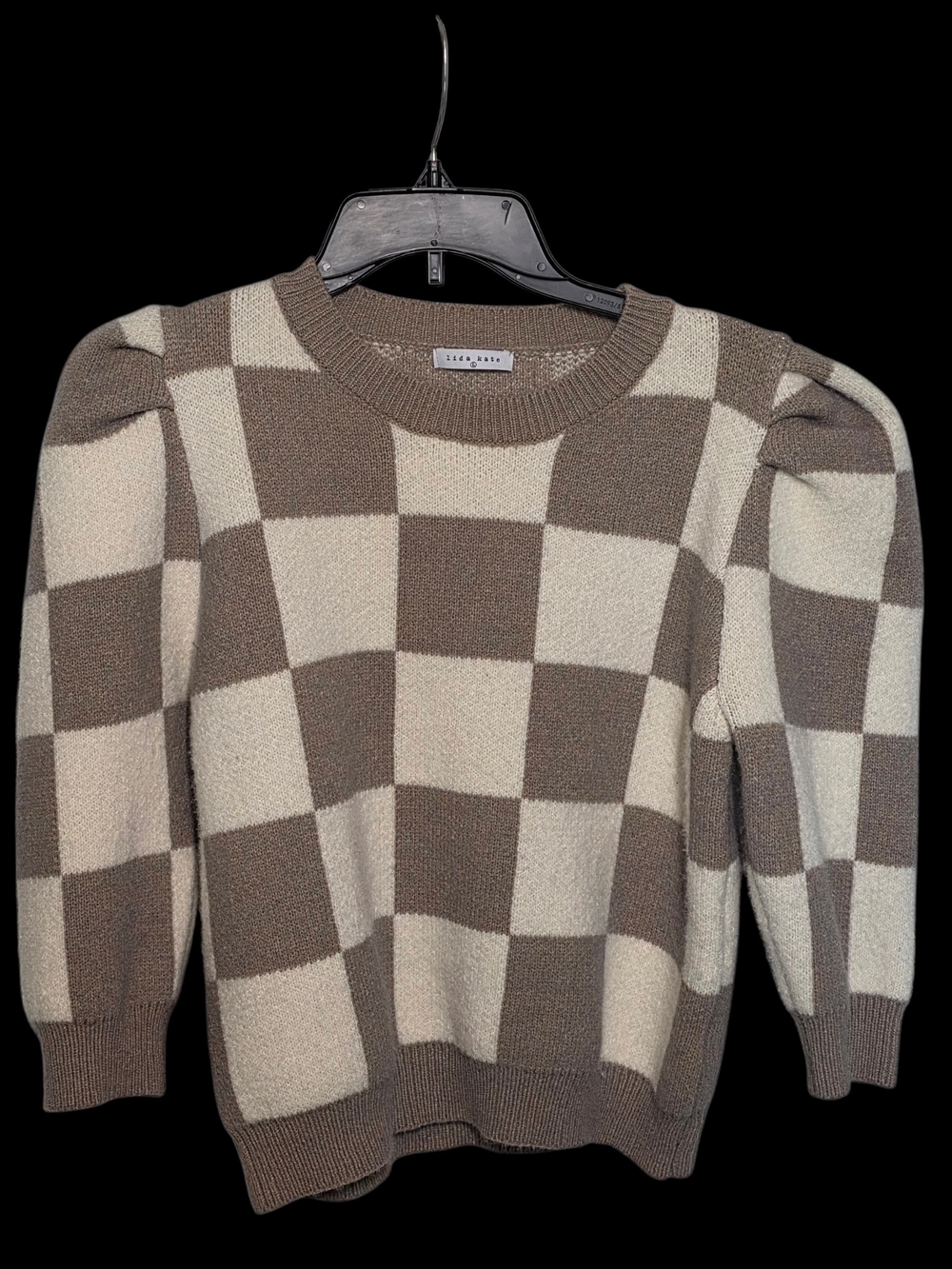 Vintage Lida Kate Checkered Sweater Brown Cream Plaid Knit Pullover Size L